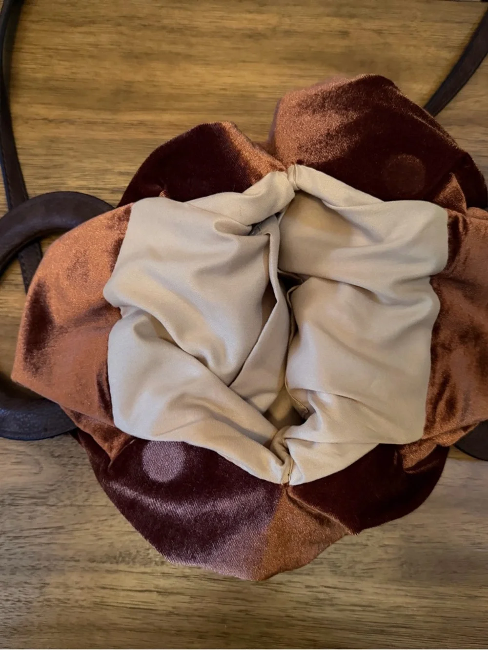 Velvet Ring Handle Crossbody Bag Brown w/ Leather Strap